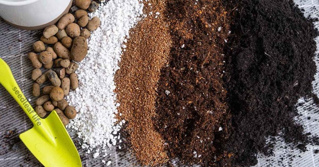 Mixing compost, peat moss, and perlite to prepare ideal soil for container potato gardening.